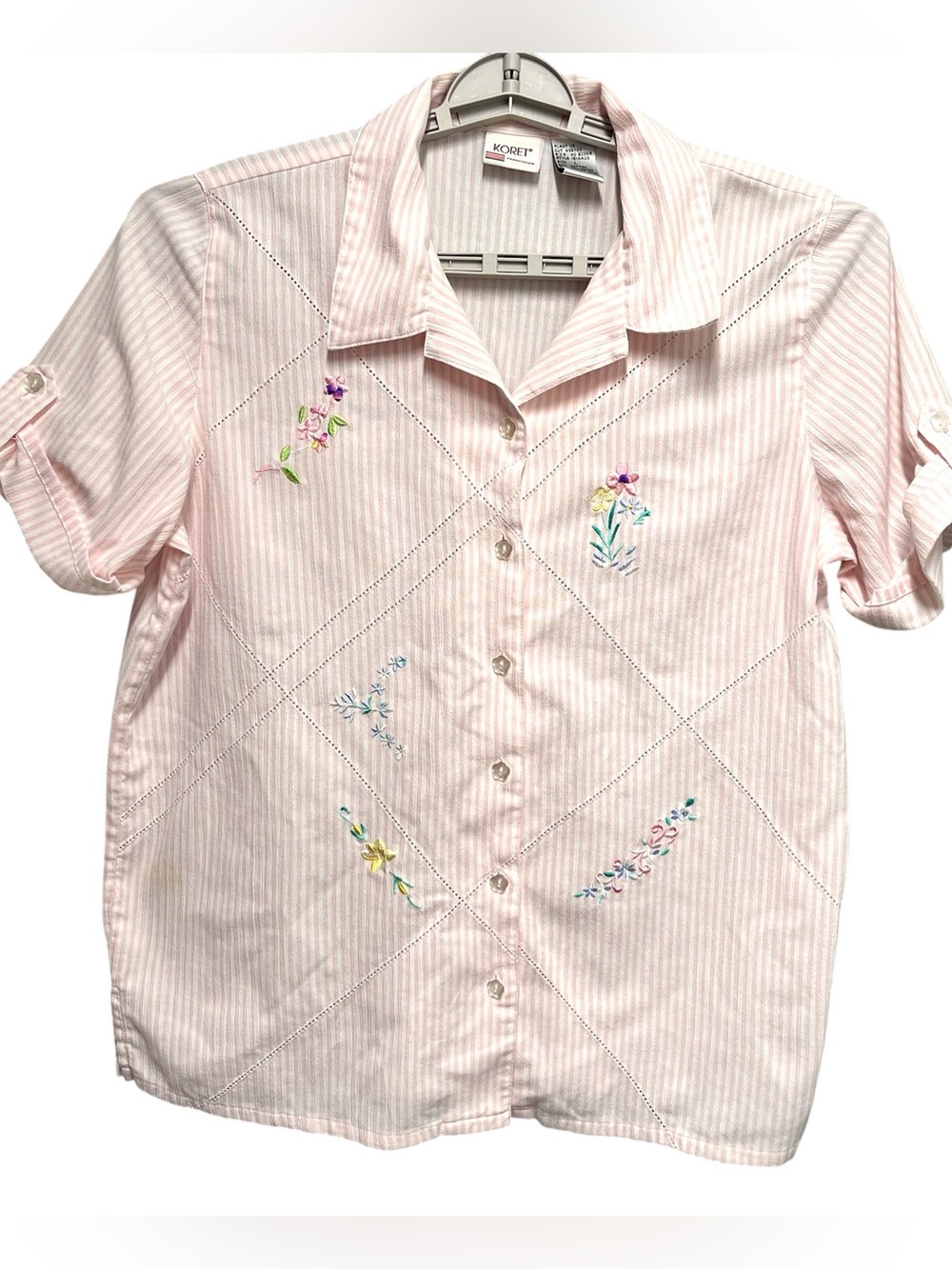 Koret Francisca Woman’s Sz L Vintage Pink & White Striped Shirt Colorful Floral